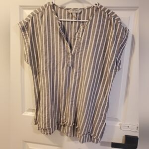 Ellen Tracy Gray and White Striped Cap Sleeve Linen Tunic